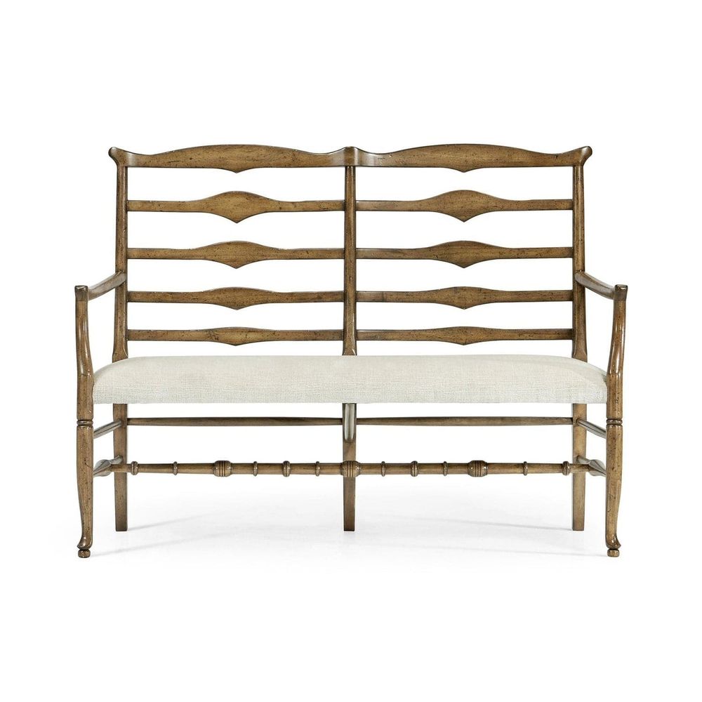 Casual Ladderback Bench, shown in medium brown and warm oak brown with wood, fabric, and fixed arms.