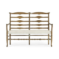 Casual Ladderback Bench, shown in medium brown and warm oak brown with wood, fabric, and fixed arms.