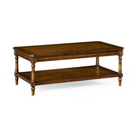 Victorian style walnut coffee table, shown in walnut brown and warm medium brown with wood and walnut.
