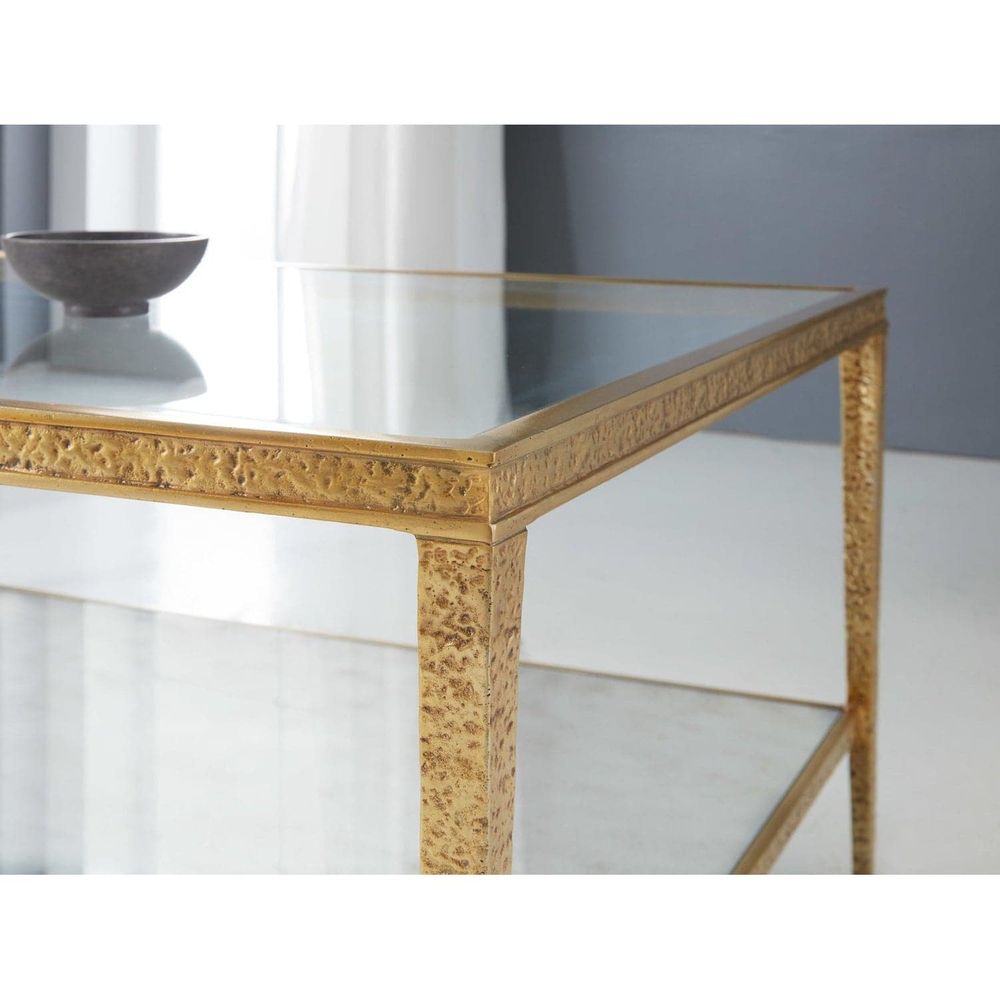 Alternate view of Sculpture Side Table, featuring textured hammered finish, metal, glass, and two-tier shelving.