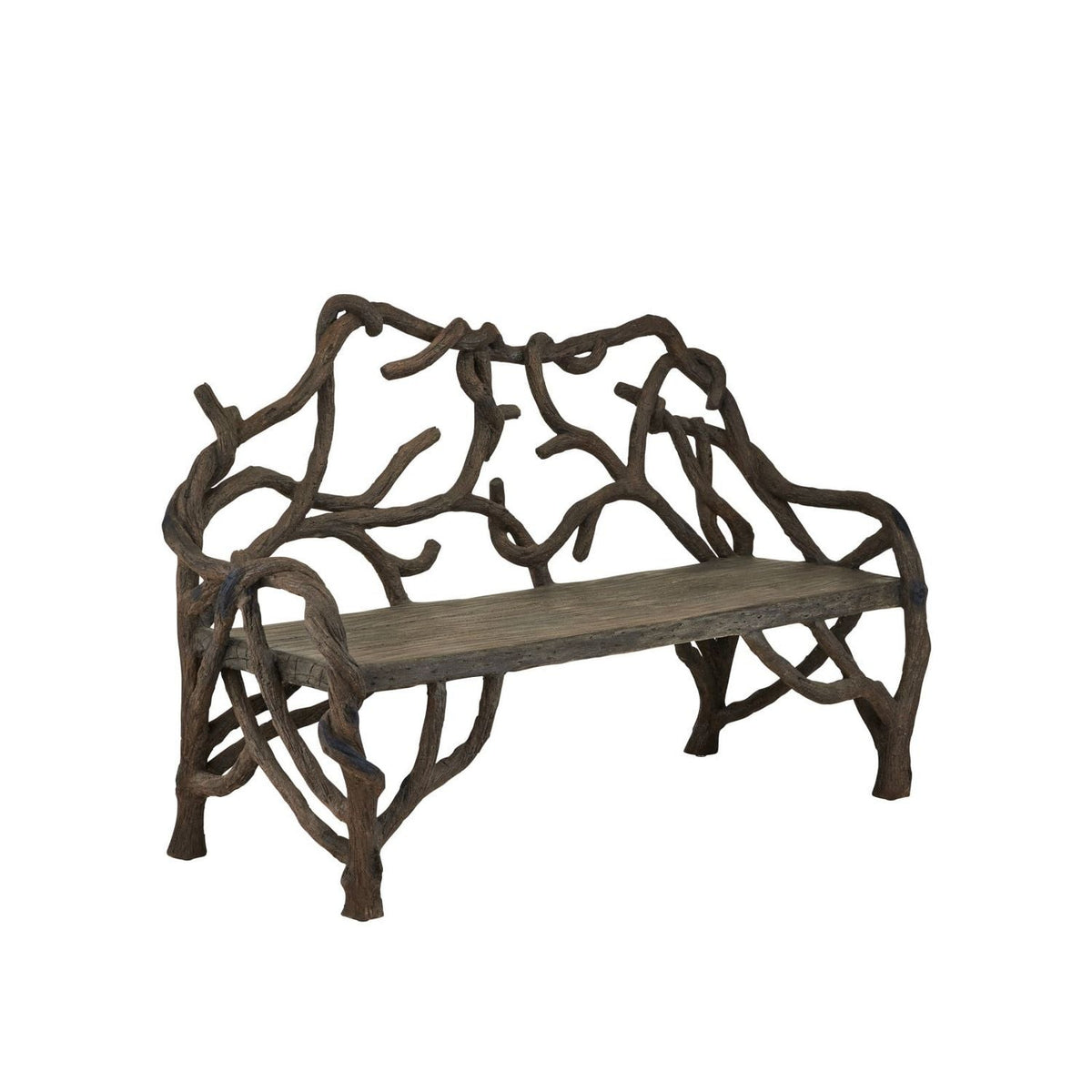 Dunmore Medium Bench, shown in weathered gray-brown and taupe with cast concrete and wrought iron.