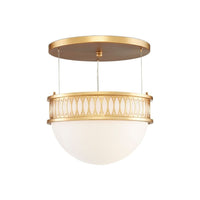 Additional view of Lola Gold Pendant in antique gold and warm white, featuring a ceiling canopy mount.
