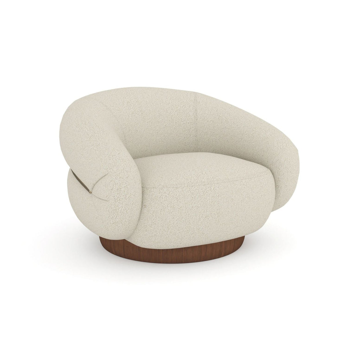 Smoosh Swivel Lounge Chair, shown in cream and off-white with bouclé fabric, wood, and a swivel base.