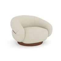 Smoosh Swivel Lounge Chair, shown in cream and off-white with bouclé fabric, wood, and a swivel base.