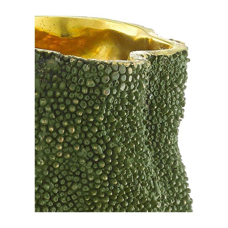 Alternate view of Jackfruit Medium Green Vase, featuring raised bumpy texture, bronze, and watertight open vessel.