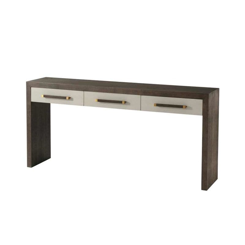 Isher Console Table, shown in dark brown and light grey with wood, metal, and three integrated storage drawers.