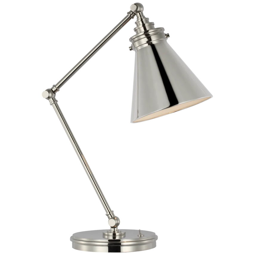 Kingsport Medium Articulating Desk Lamp, shown in polished nickel and silver with metal.