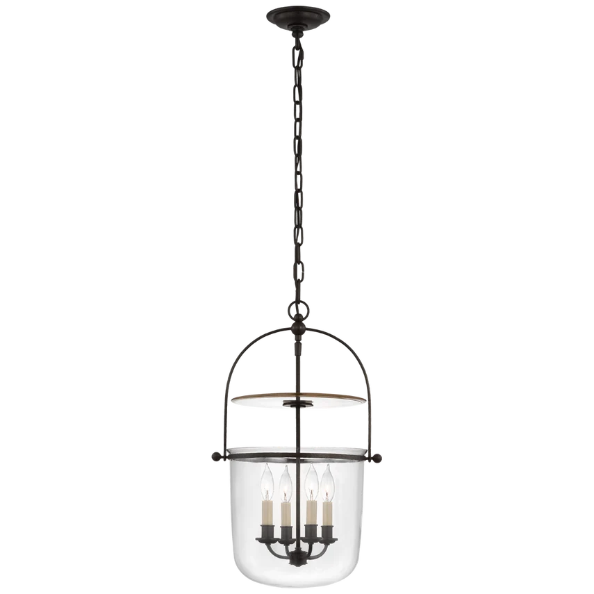 Milford Small Smoke Bell Lantern, shown in dark bronze and clear with metal, glass, and chain-hung ceiling pendant.