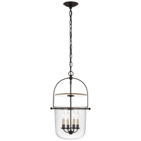 Milford Small Smoke Bell Lantern, shown in dark bronze and clear with metal, glass, and chain-hung ceiling pendant.