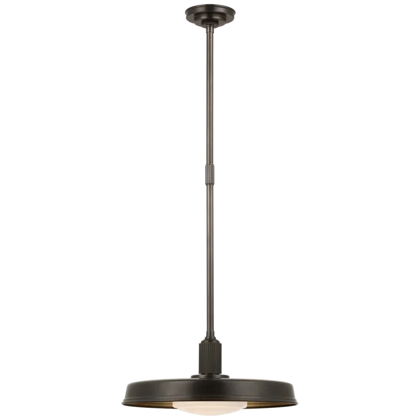 Alternate view of Rodey 18" Factory Pendant, featuring polished nickel finish, metal, glass, and a ceiling canopy mount.
