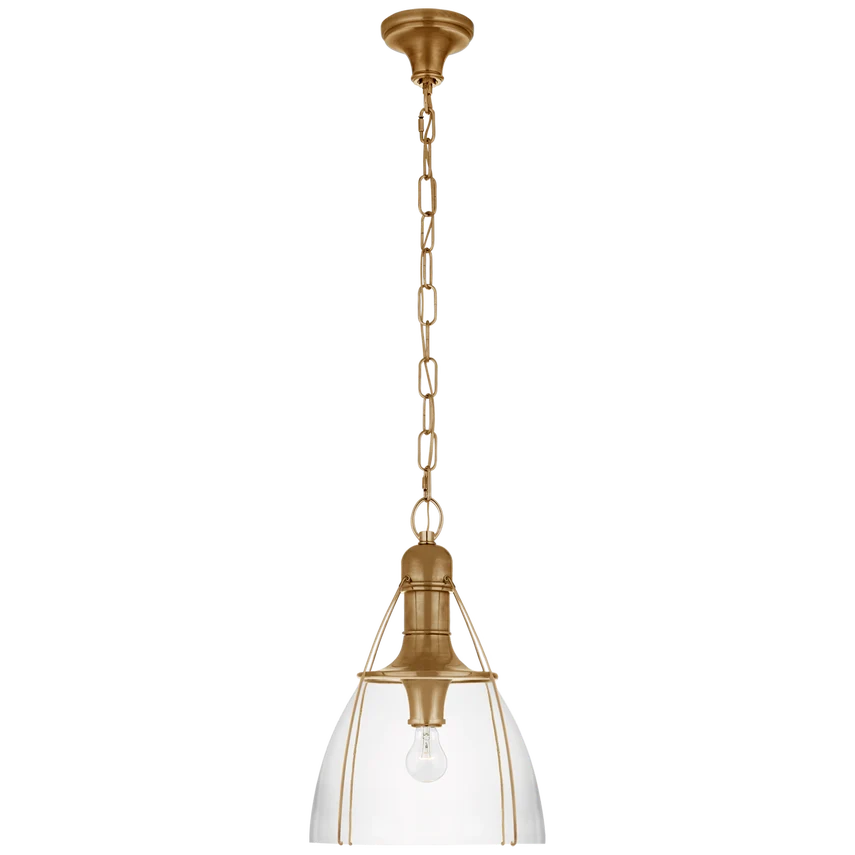 Stirling 14" Pendant, shown in antique brass and clear with brass, glass, and chain-hung ceiling suspension.
