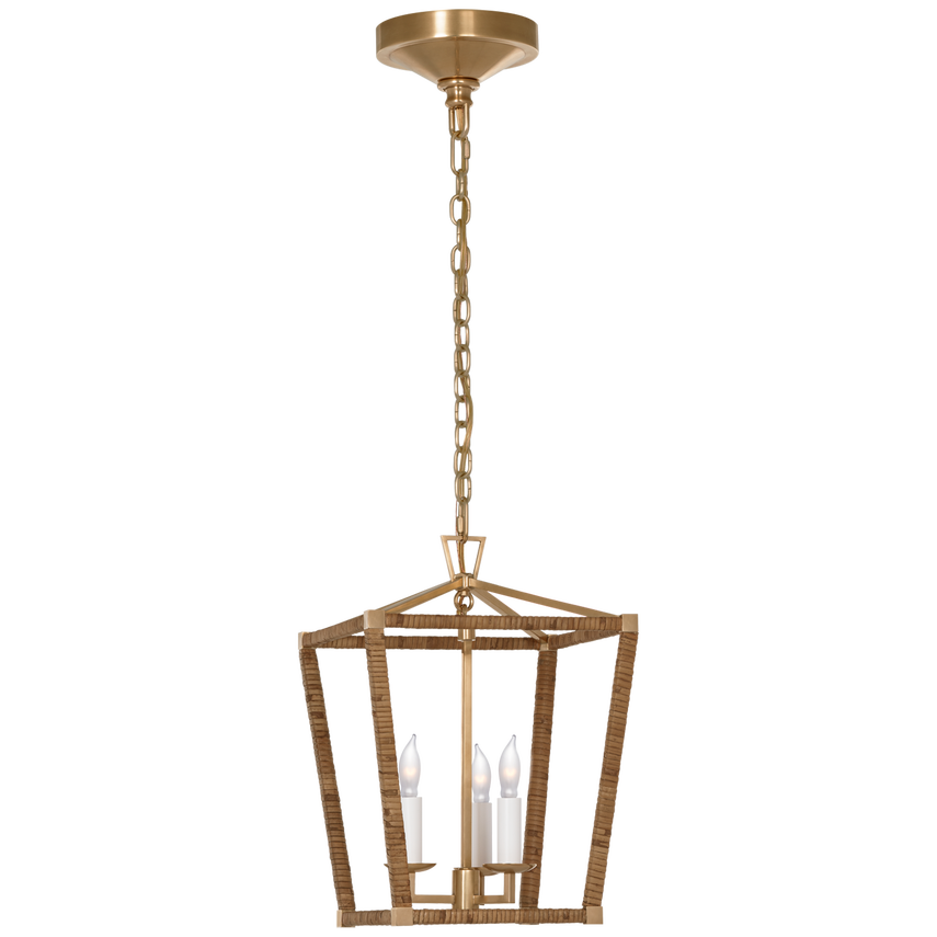 Darling Mini Wrapped Lantern, shown in brass gold and natural tan with metal, rattan wrap, and chain-hung suspension.