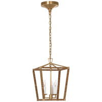 Darling Mini Wrapped Lantern, shown in brass gold and natural tan with metal, rattan wrap, and chain-hung suspension.