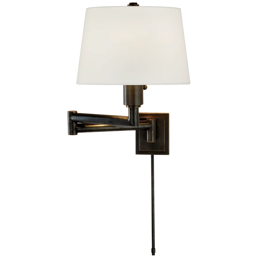Sloane Swing Arm, shown in bronze and off-white with metal, fabric, and wall-mounting hardware.