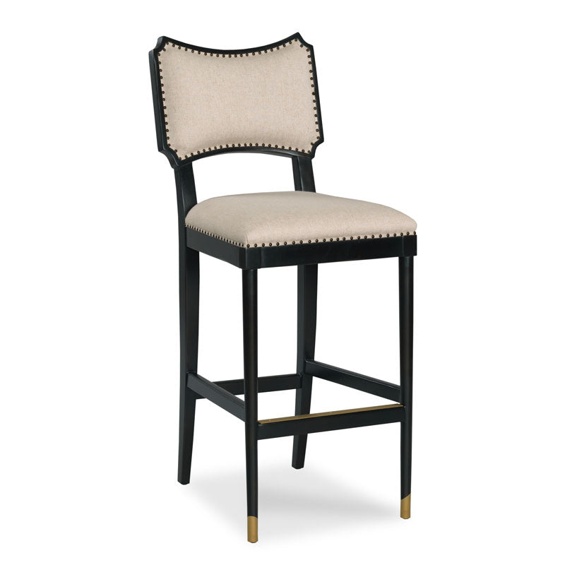 Additional view of Powers Stool, featuring nailhead trim finish, wood, fabric, and integrated footrest with brass accent bar.