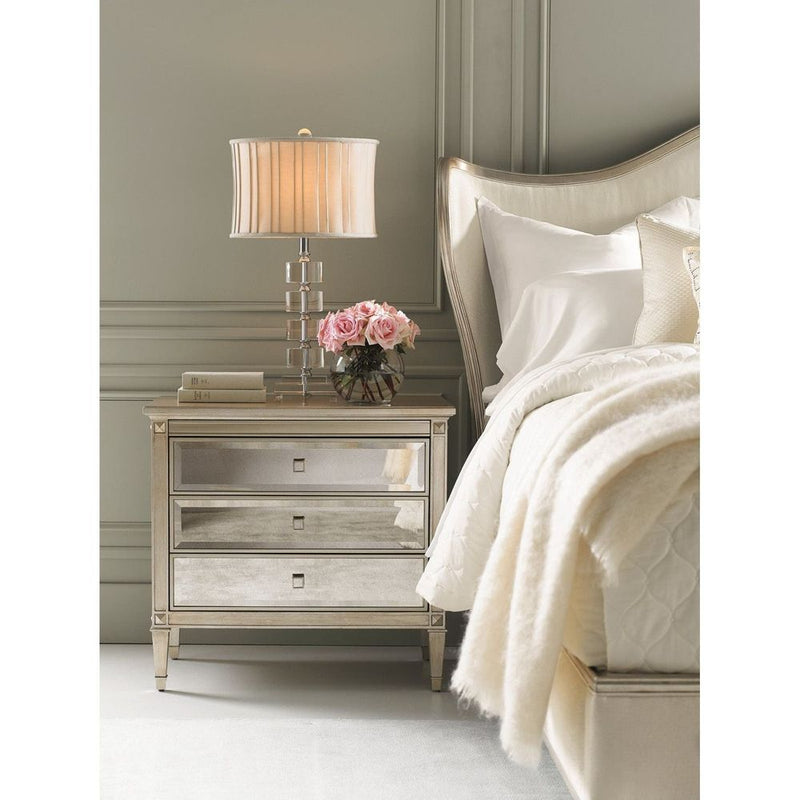 Alternate view of Venus Classic Beauty, featuring antiqued metallic paint, wood, mirror, and three stacked drawers.
