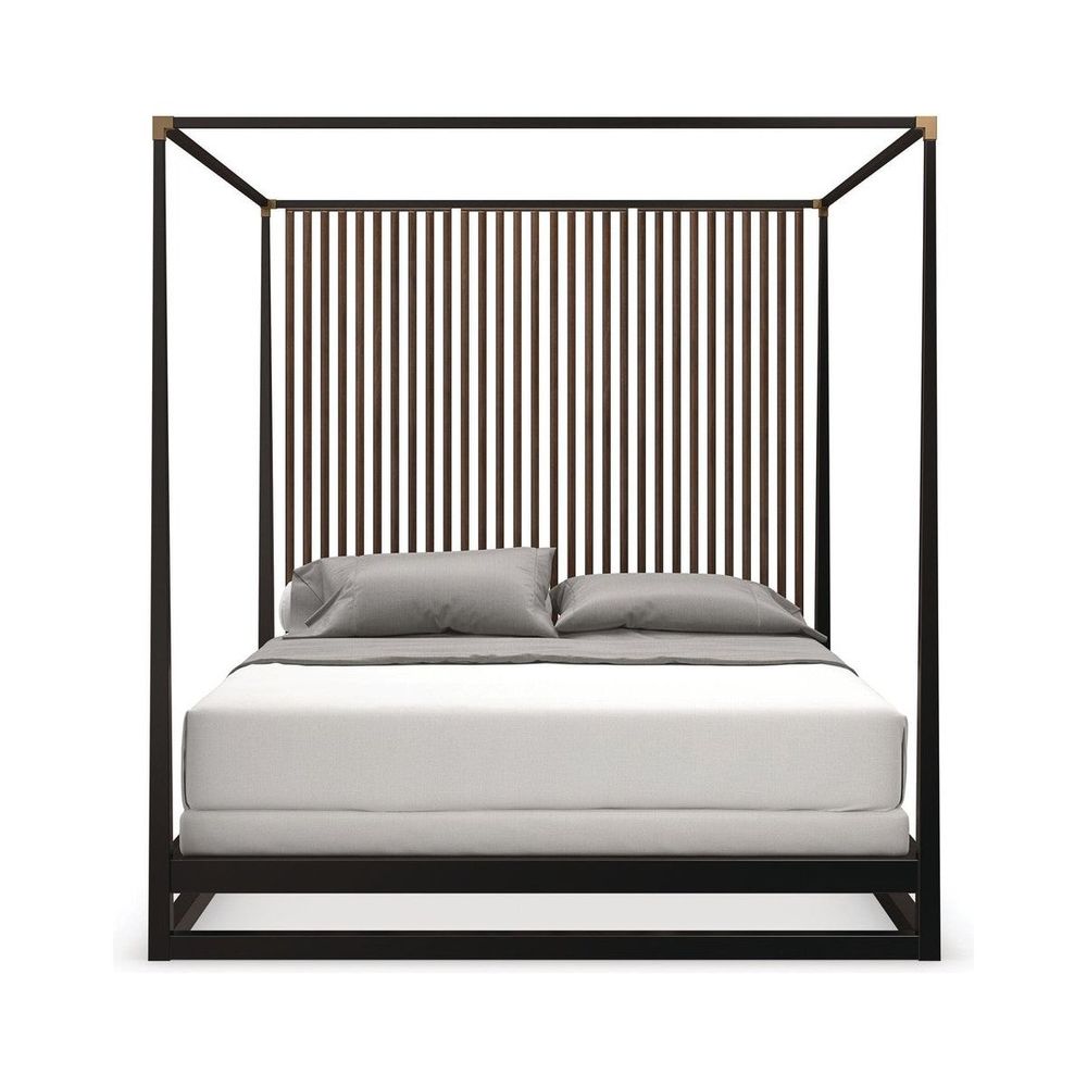 Striation Canopy Bed, shown in dark brown and black-brown with wood, metal, and four-poster canopy frame.