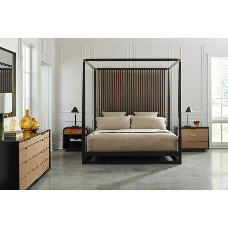 Alternate view of Embrace, featuring high-gloss lacquer, wood, metal, and three full-width drawers.