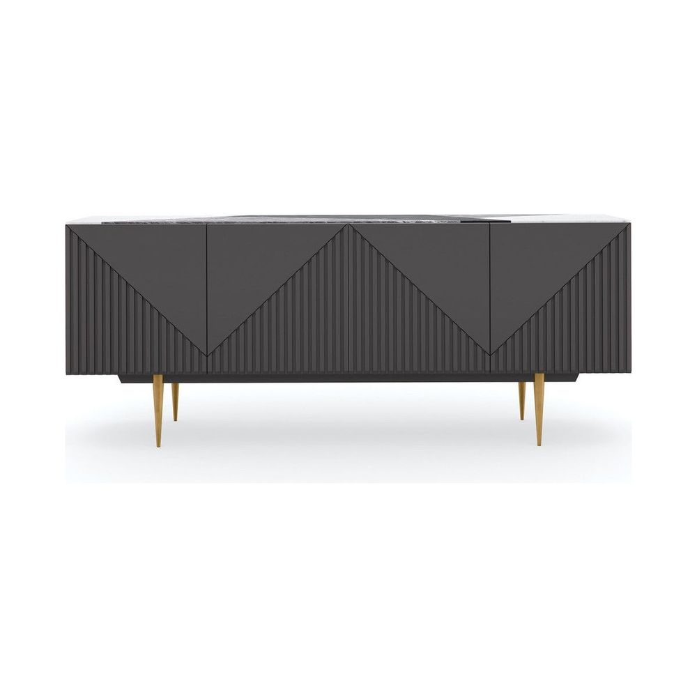Precipice Sideboard, shown in charcoal gray and white with wood, marble, and multi-door enclosed storage.