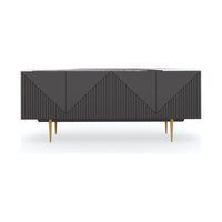 Precipice Sideboard, shown in charcoal gray and white with wood, marble, and multi-door enclosed storage.