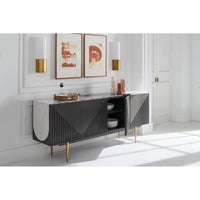 Alternate view of Precipice Sideboard, featuring matte lacquer, wood, marble, and multi-door enclosed storage.