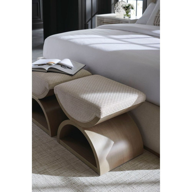 Alternate view of Registration Stool, featuring woven textile finish, fabric, wood, and integrated lower shelf storage.
