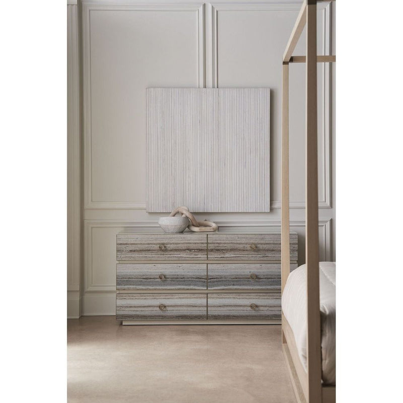 Alternate view of Foundation Dresser, featuring smooth lacquer, wood, metal, and six drawers in two-column three-row layout.
