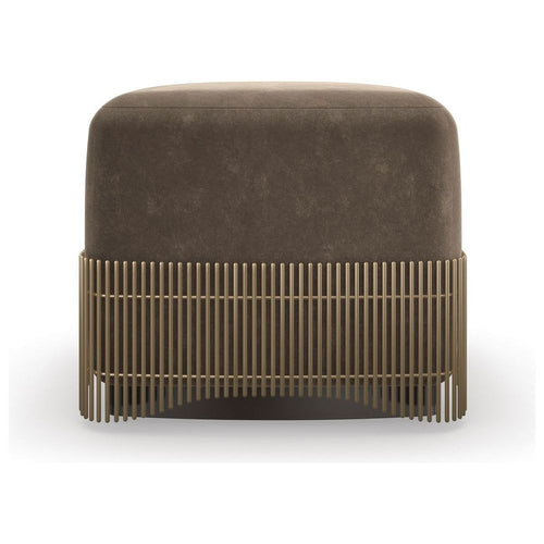 Bonbon Ottoman, shown in brown and gold with fabric, metal, and upholstered seat cushion.