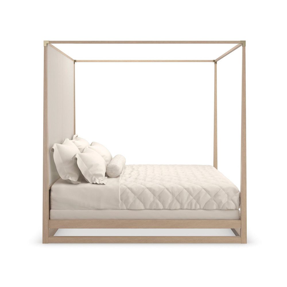 Additional view of Striation Canopy Bed in light natural wood and ivory.