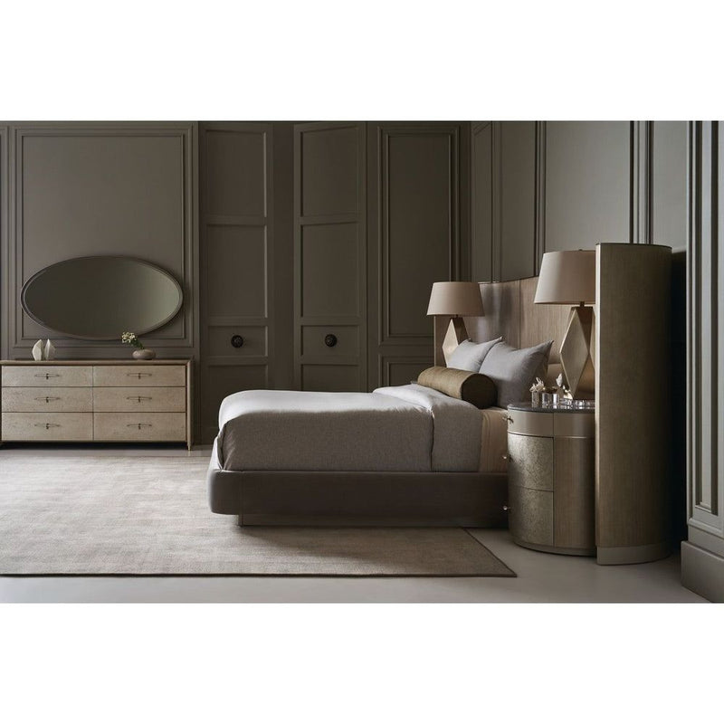 Alternate view of Pursuit Wing Panel Bed King in light oak beige and taupe gray.