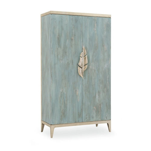 Aquarelle Wardrobe, shown in distressed aqua teal and light natural wood with wood, metal, and dual full-height hinged doors.