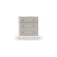 Lucidity, shown in white and light gray with wood, fabric, and three stacked drawers.