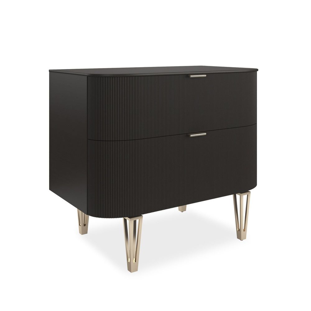 Affection, shown in dark brown and espresso with wood, metal, and two full-width drawers.