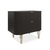 Affection, shown in dark brown and espresso with wood, metal, and two full-width drawers.