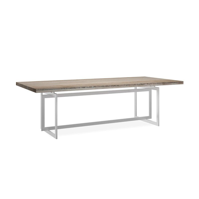 Postcard Dining Table, shown in beige and taupe with stone, metal, and fixed open metal trestle-style base.