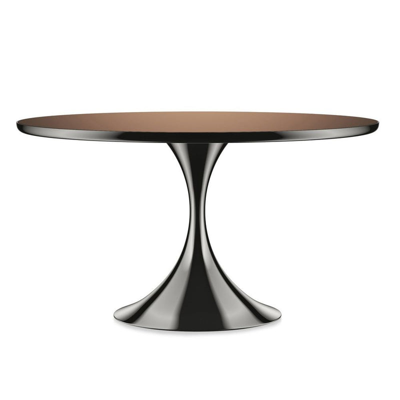 Eternal 54 Round Dining Table, shown in bronze-brown and black with metal and wood or laminate top.