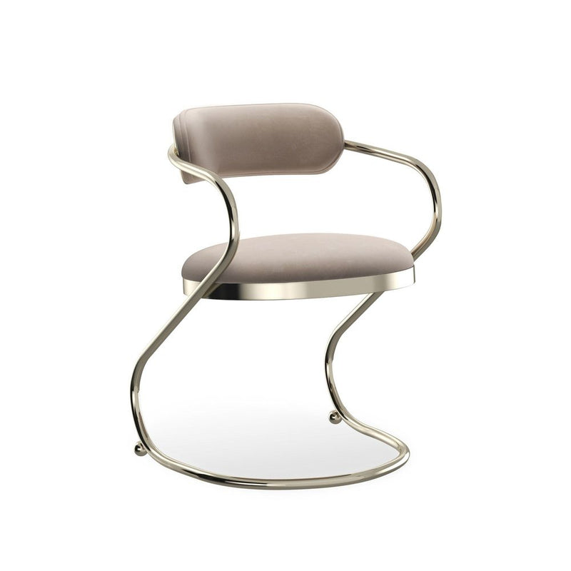 Nostalgia Dining Chair, shown in beige and champagne gold with metal, fabric, and fixed arms.