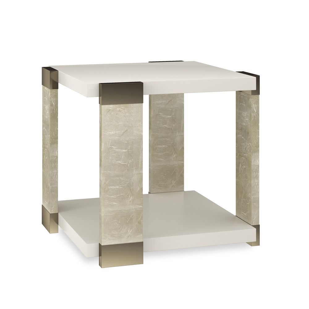 Cornerstone End Table, shown in off-white and champagne with lacquered wood and metal.