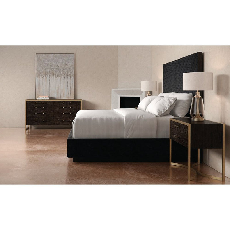 Converge, shown in black with textured upholstery fabric, padded foam, and fixed tall upholstered headboard.