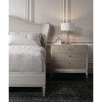 Additional view of Awaken in warm gray and champagne silver, featuring brushed metallic trim and three drawers.