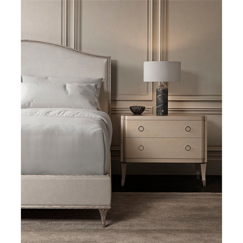Chantilly Platform, shown in champagne beige and soft silver with upholstery fabric, wood frame, and a platform bed base.