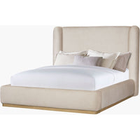Covina Upholstered Bed, shown in beige and sand with upholstery fabric, wood, and fixed tall wingback headboard.