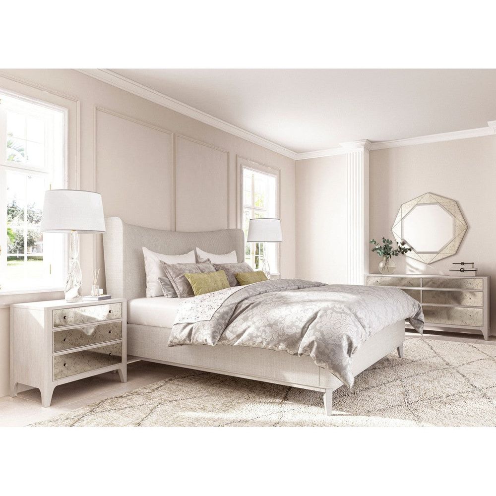 Alternate view of Mezzanine Queen Upholstered Shelter Bed in light greige and warm ivory.
