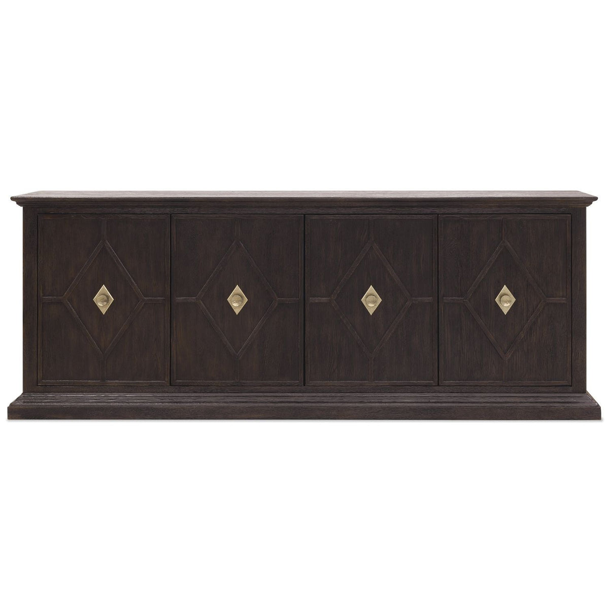 Driftwood Entertainment Credenza, shown in dark brown and espresso with wood, metal, and four cabinet doors.