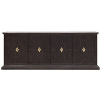 Driftwood Entertainment Credenza, shown in dark brown and espresso with wood, metal, and four cabinet doors.