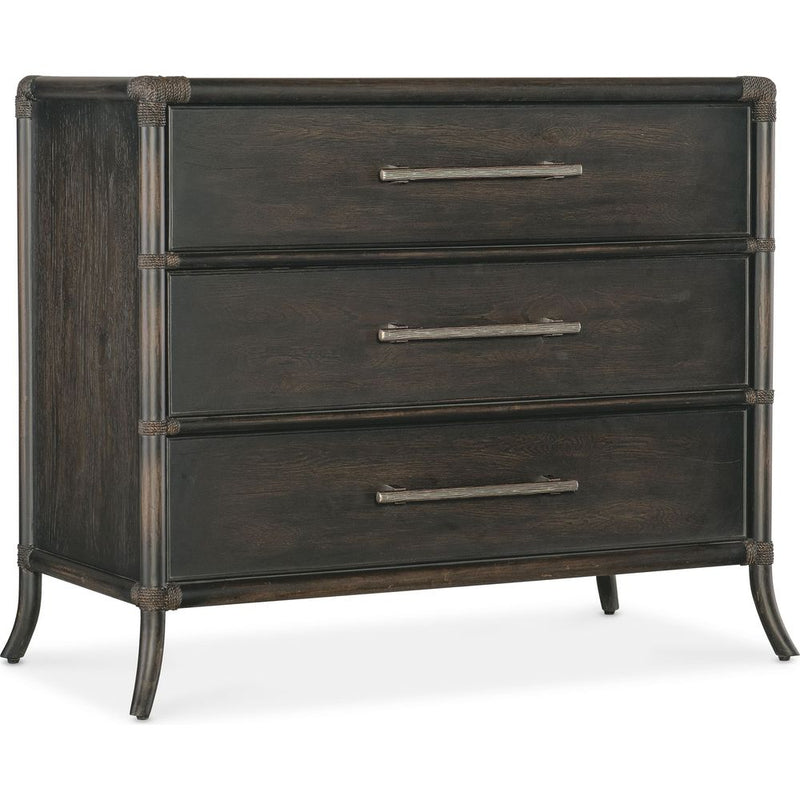 Alternate view of Retreat Pole Rattan Chest, featuring distressed, wood, rattan, and three full-width drawers.