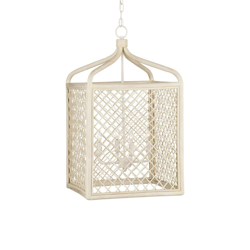 Wanstead Lantern, shown in ivory and cream with rattan, wicker, and chain-hung pendant suspension.