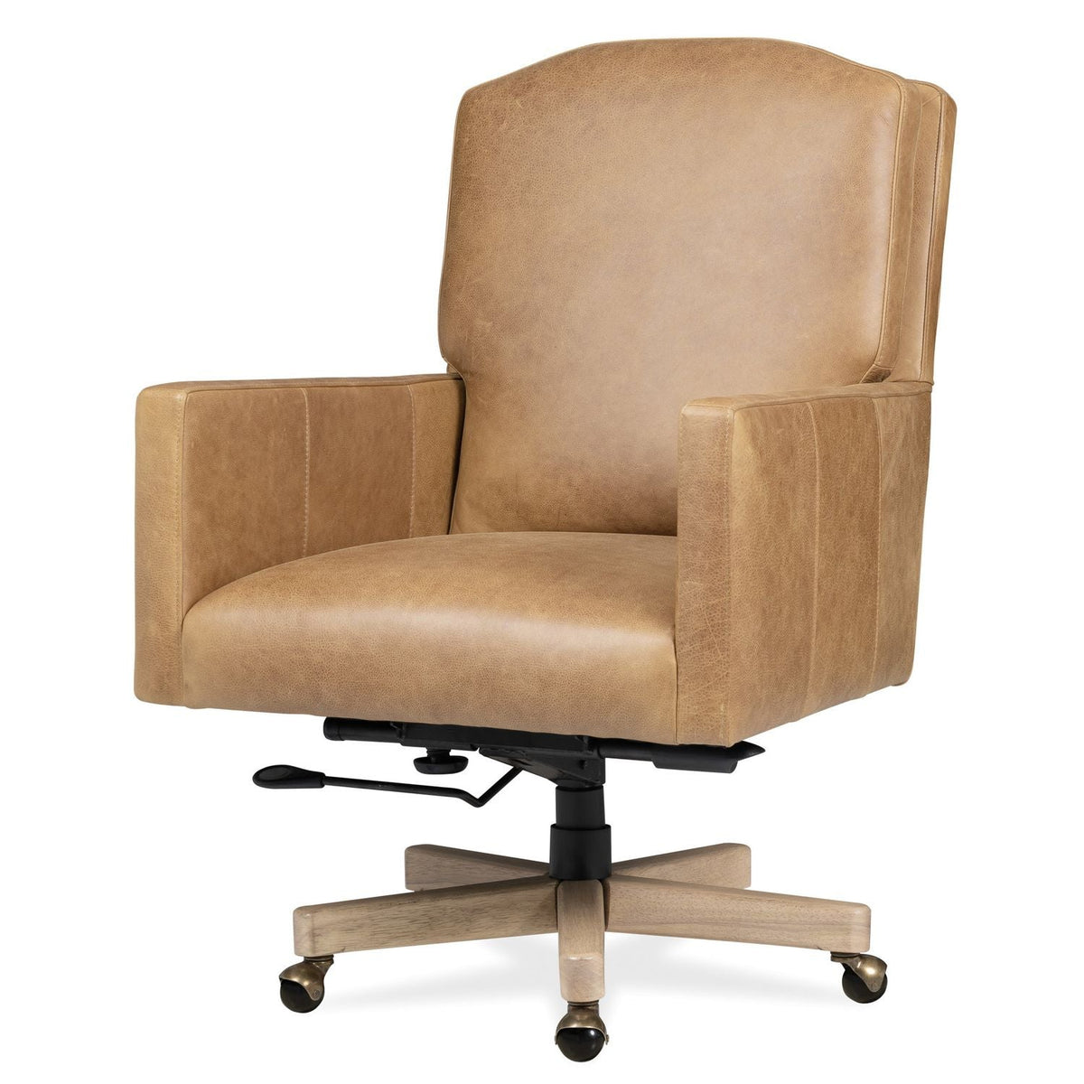 Alternate view of Shore Executive Chair, featuring matte black metal, leather, wood, and a swivel base.