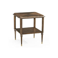 Berkley Square Side Table, shown in medium brown and dark brown with wood, brass, and integrated lower shelf.