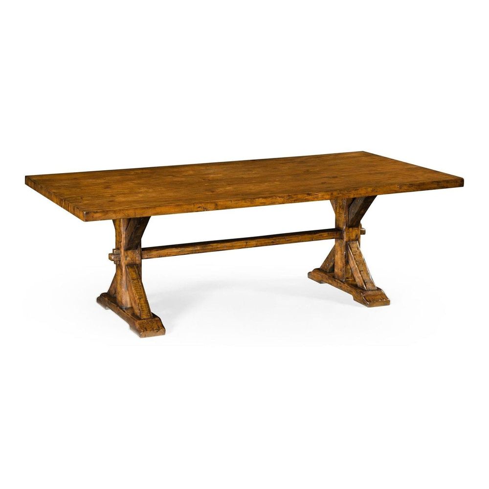 Solid Wood Dining Table, shown in medium brown and warm amber-brown with solid wood and trestle base with dual pedestals.